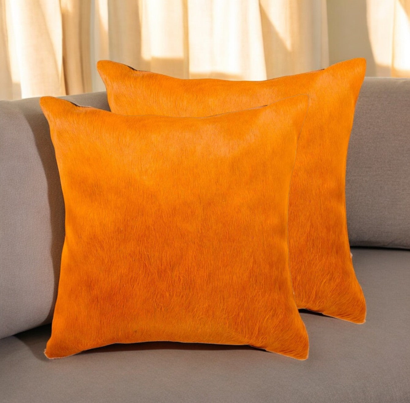 Set of Two 18" Orange Cowhide Throw Pillows