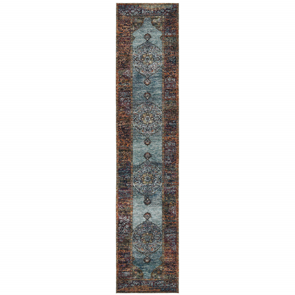 12' Blue And Red Oriental Runner Rug-1