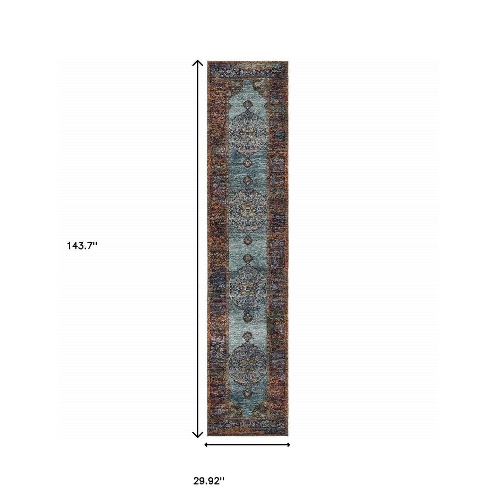 12' Blue And Red Oriental Runner Rug-2