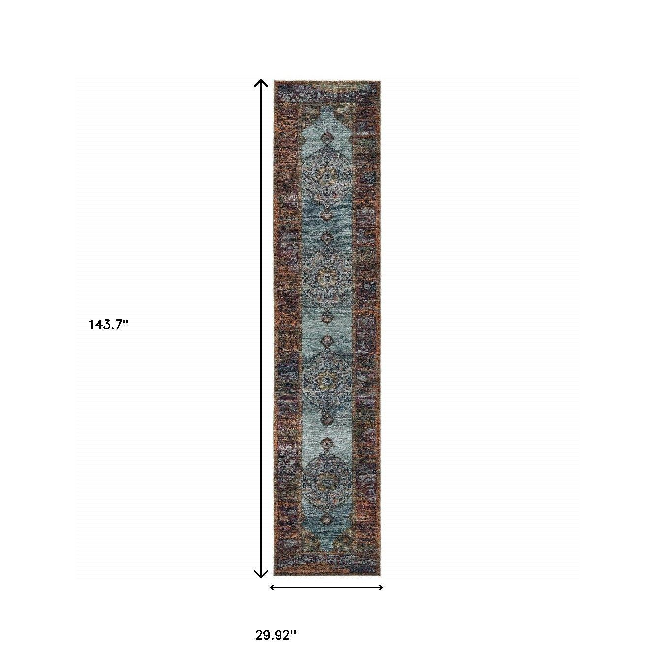12' Blue And Red Oriental Runner Rug-2