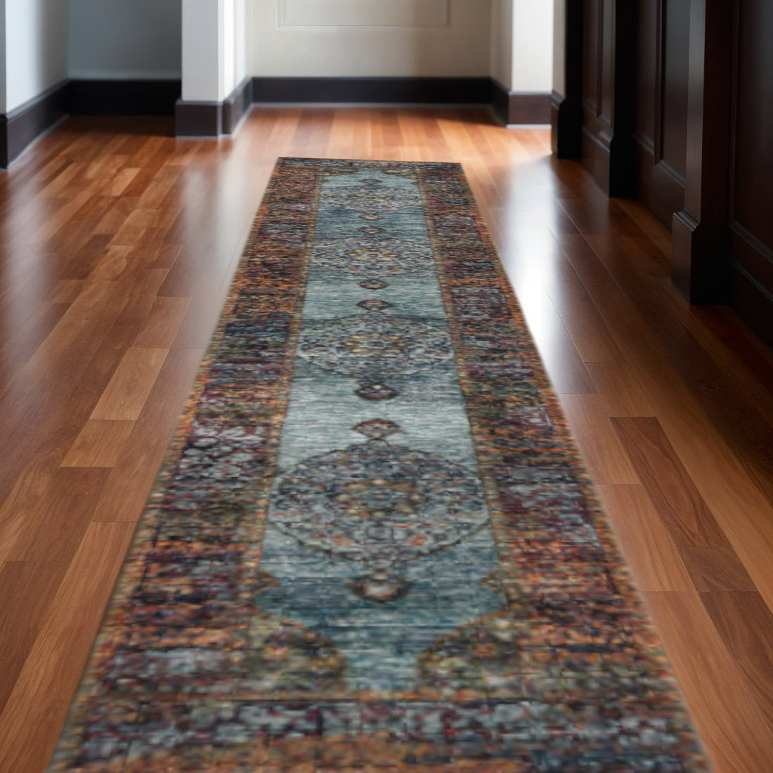 12' Blue And Red Oriental Runner Rug-0