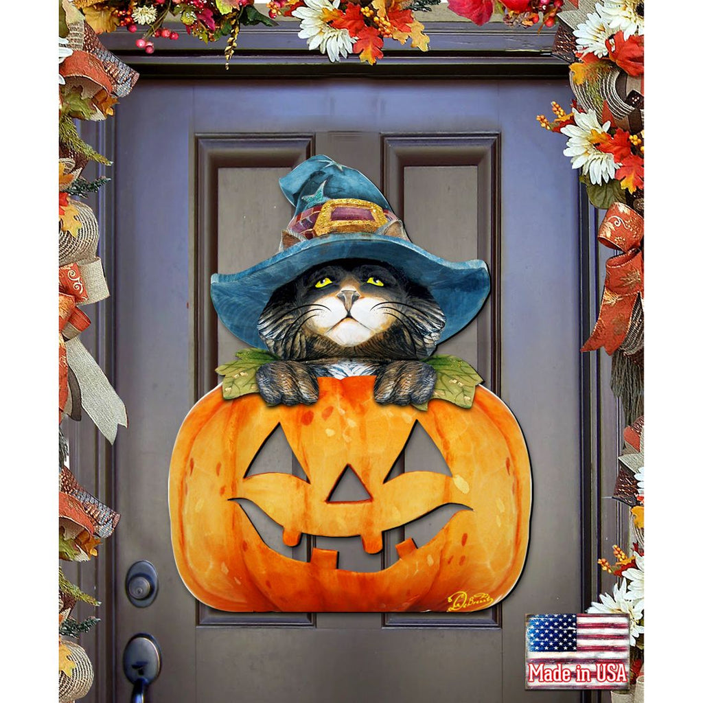 Black Cat pumpkin Halloween Door Decor by G. DeBrekht - Thanksgiving Halloween Decor - 8158416H